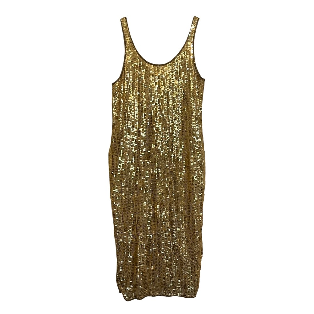 Modi Vintage Gold Sequin Silk Midi Dress Womens Large Sleeveless Scoop Neck L
